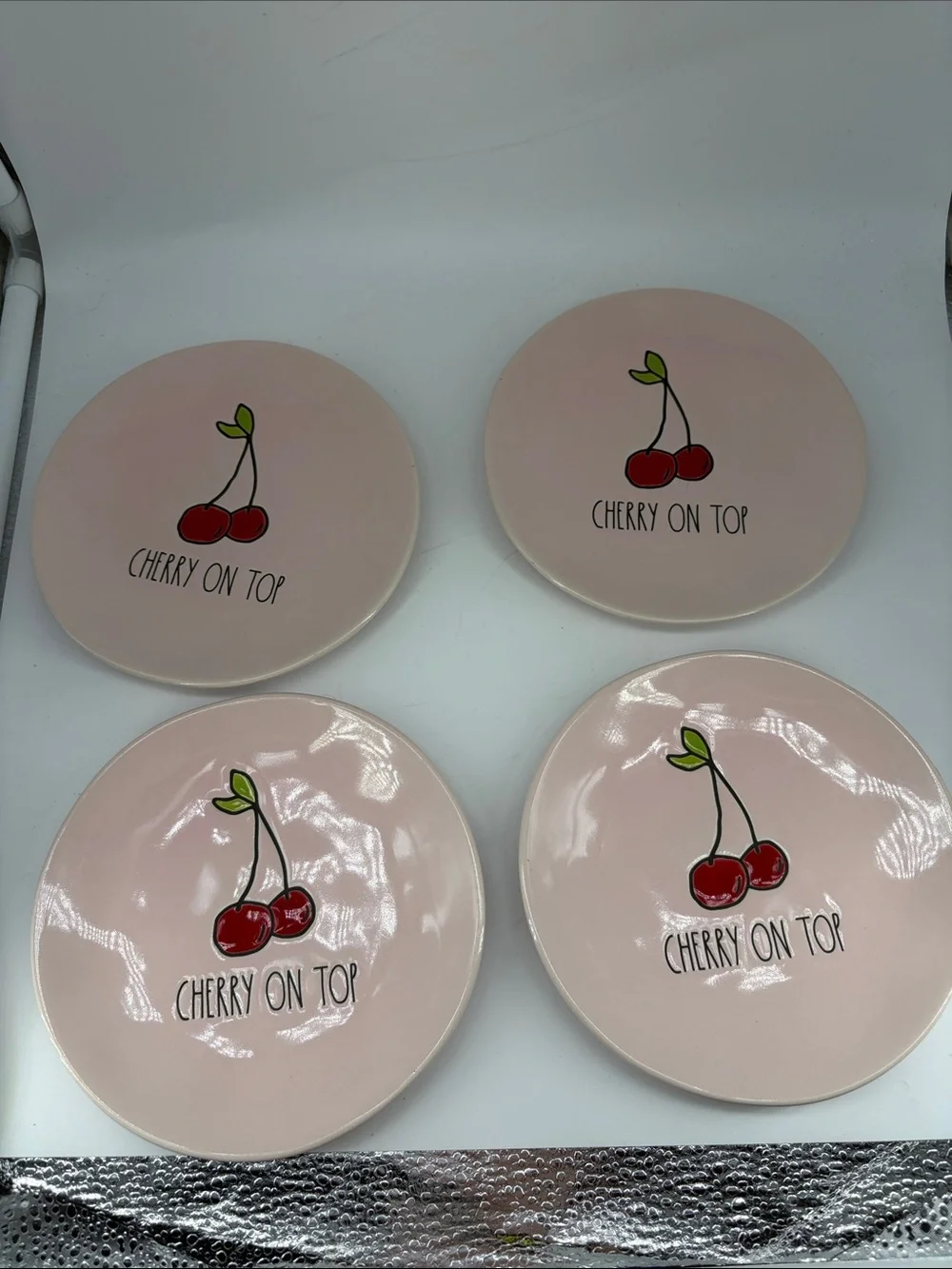 Rae Dunn Pink 'Cherry On Top' Dessert Plates - Red Cherry Design 6”